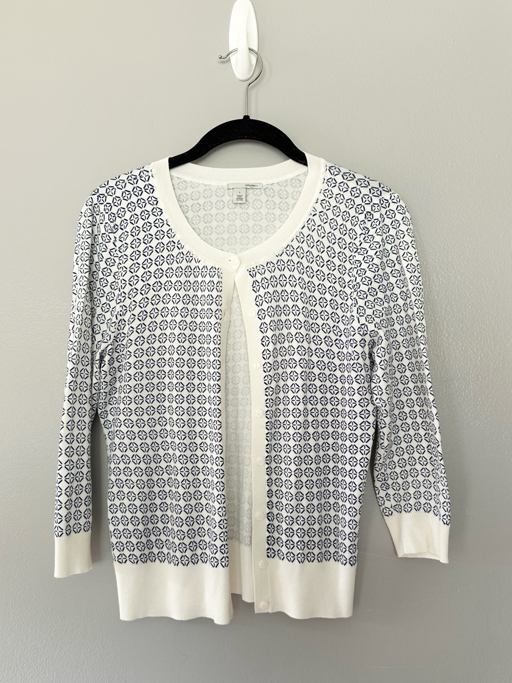 Halogen Nordstrom White Navy Geometric Print Button Cardigan Sweater S